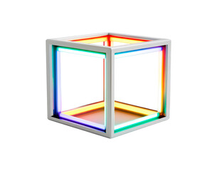 Colorful neon cube with geometric design and glowing edges on transparent background