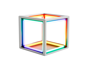 Colorful neon cube with geometric design and glowing edges on transparent background