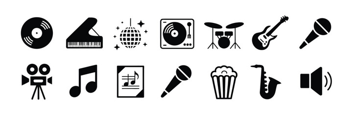 Set of twelve minimalist entertainment and music icons in vector format vector