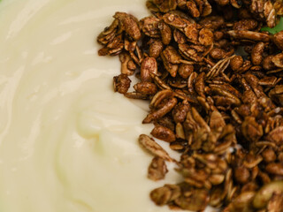 Yogurt and chocolate granola in green bowl
