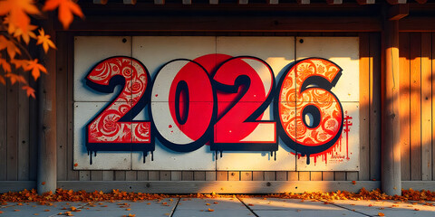 Vibrant 2026 Happy New Year Greeting Card with Graffiti Style Japan Flag on Weathered Brick Wall in Urban Alleyway at outedoor 2026 Happy New Year greeting card design.