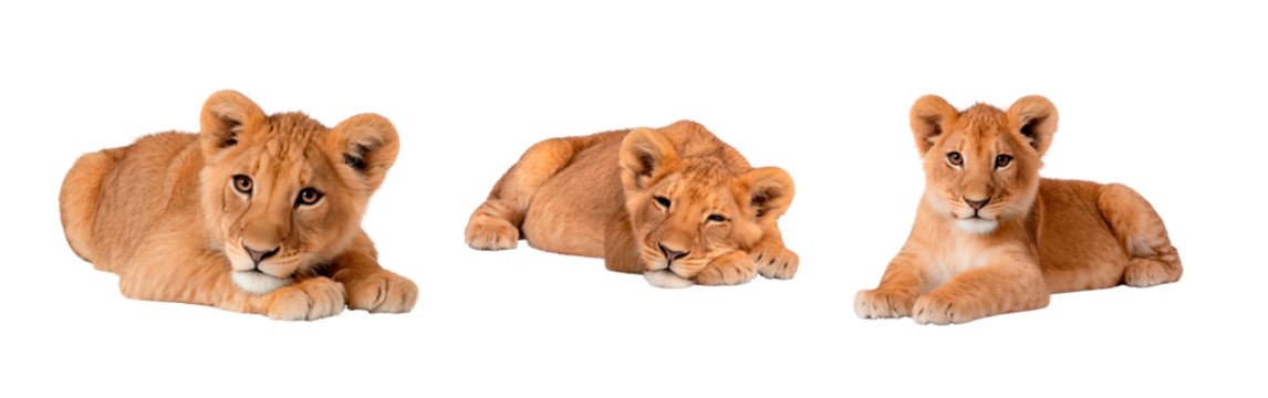 Three young lion cubs resting on transparent background