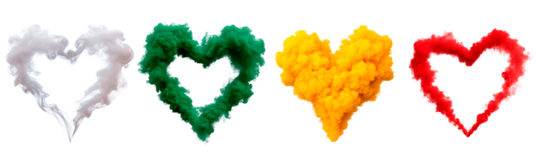 Four colorful smoke heart shapes in white, green, yellow, and red on transparent background