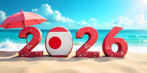 Vibrant 2026 Happy New Year Greeting Card with Graffiti Style Japan Flag on Weathered Brick Wall in Urban Alleyway at outedoor 2026 Happy New Year greeting card design.