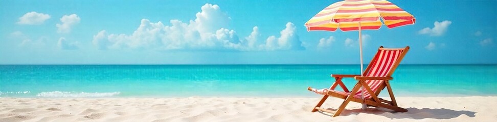 Serene Beach Relaxation Striped Deck Chair Under Vibrant Umbrella on Sandy Shore, Perfect for Summer Vacation and Travel Themes