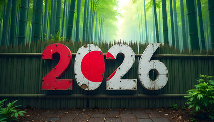 Vibrant 2026 Happy New Year Greeting Card with Graffiti Style Japan Flag on Weathered Brick Wall in Urban Alleyway at outedoor 2026 Happy New Year greeting card design.