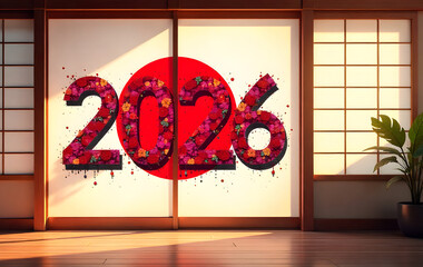 Vibrant 2026 Happy New Year Greeting Card with Graffiti Style Japan Flag on Weathered Brick Wall in Urban Alleyway at outedoor 2026 Happy New Year greeting card design.