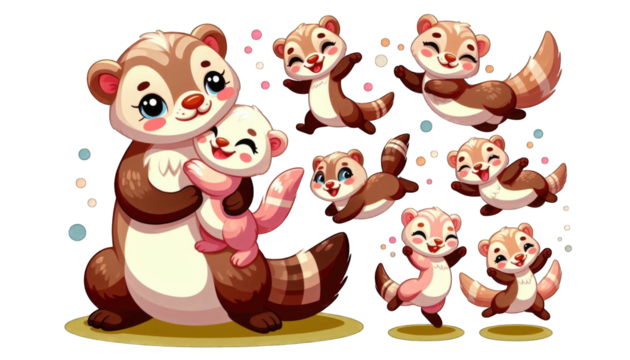 Cute cartoon ferrets playing and hugging in a colorful scene