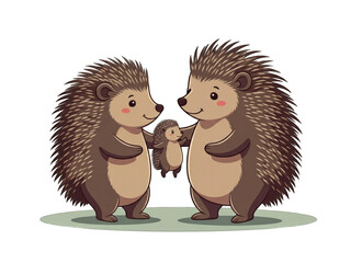 Cute cartoon hedgehogs family with two parents and a baby standing on green ground, isolated on white background.