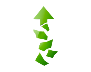 Broken green arrow pointing upwards symbolizing growth and progress on transparent background