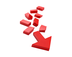 3d red arrow shattering into pieces on transparent background