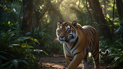Realistic high detail shot of a Bengal tiger surrounded by morning mist and natural sunlight beams in the jungle