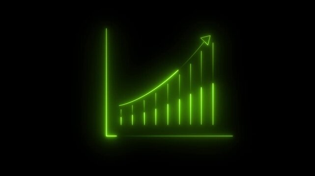 Neon green glowing bar chart with upward trending arrow on black background graph growth