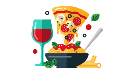 Illustration of a delicious italian meal with pizza, pasta, and a glass of wine