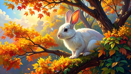White rabbit in autumn foliage