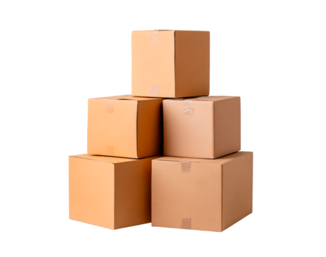 Stack of five cardboard boxes on transparent background