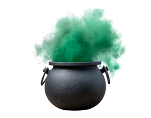 Black cauldron with green smoke rising on transparent background