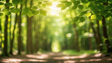 Lush green forest path with soft bokeh effect, creating a serene and tranquil atmosphere.