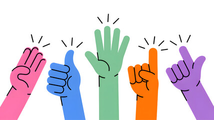 Diverse hands raised showing different gestures for teamwork and ideas