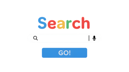 Engaging search bar interface with colorful "Search" text and "GO!" button
