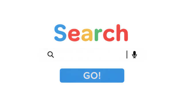 Engaging search bar interface with colorful "Search" text and "GO!" button