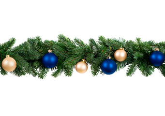 Festive christmas garland with blue and gold ornaments on evergreen branches on transparent background