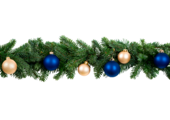 Festive christmas garland with blue and gold ornaments on evergreen branches on transparent background