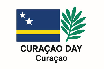 Flat design showing Curaçao flag with two white stars and yellow stripe over deep blue background, placed beside a palm leaf or island silhouette representing Caribbean pride. Keep colors bright but f