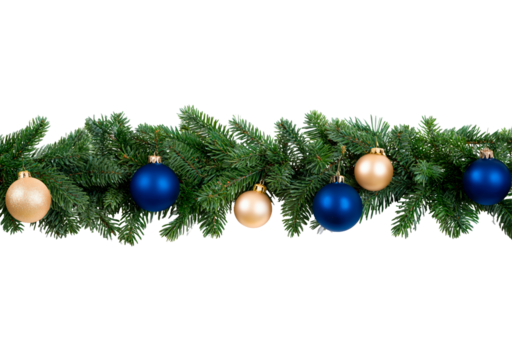 Festive christmas garland with blue and gold ornaments on evergreen branches on transparent background