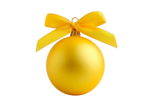 Bright yellow christmas ornament with ribbon for festive decor on transparent background - Powered by Adobe