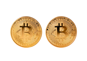 Two gold bitcoin coins on white background highlighting cryptocurrency design on transparent background