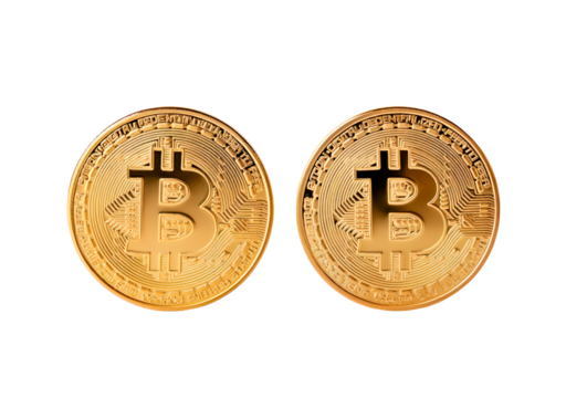 Two gold bitcoin coins on white background highlighting cryptocurrency design on transparent background