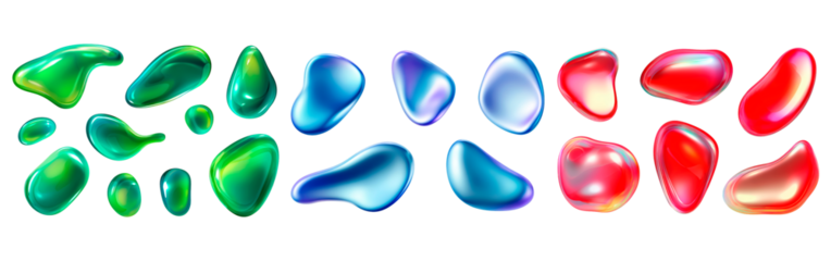 Vibrant colorful liquid shapes in green, blue, and red hues on transparent background