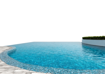 Tranquil outdoor infinity pool with blue mosaic tiles and curved edge on transparent background