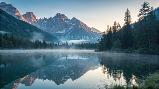 Majestic Mountain Reflection in Calm Water at Dawn with Mist and Pine Trees in a Serene Natural Landscape - Powered by Adobe