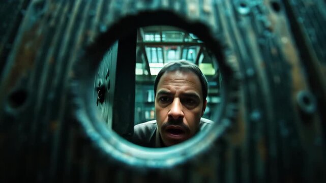 Terrifying eye staring through dark hole, cinematic horror concept representing fear, suspense, and paranoia