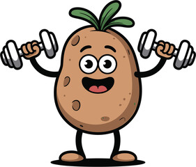 Happy Cartoon Potato Character Mascot Lifting Weights and ExercisingHappy Cartoon Potato Character Mascot Lifting Weights and Exercising