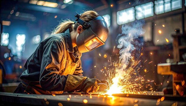 Skilled worker welding metal in a workshop, sparks flying, tools scattered, showcasing craftsmanship