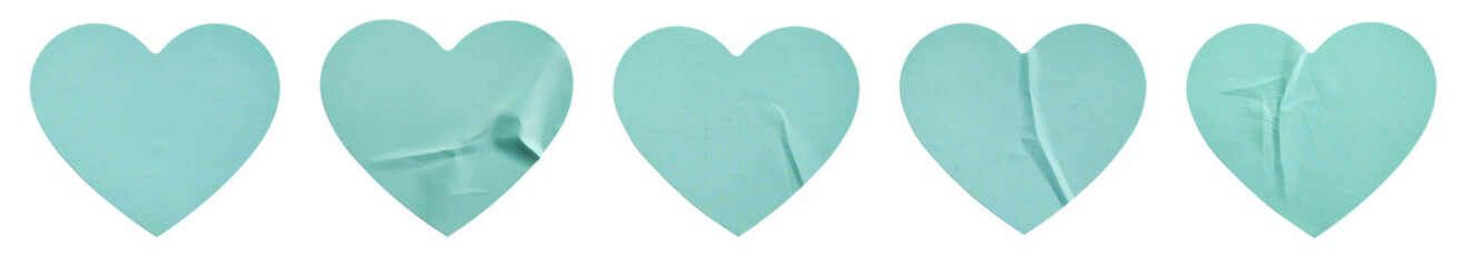 Set of Five Turquoise Aqua Blue Heart Stickers with Crinkled Texture on White Background