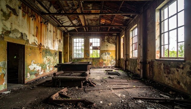 Abandoned industrial building interior showcasing peeling paint, broken windows, and overgrown vegetation outside - Powered by Adobe