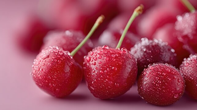 Macro Fresh Cherries with Water Droplets on Pink Surface Close Up View Cinematic Lighting Cherry Red Fruit Freshness Vibrant Color Wet Healthy Eating