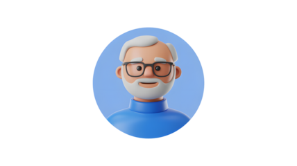 Friendly animated senior man with glasses and white hair smiling warmly
