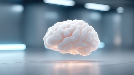 Macro Futuristic Digital Brain Cinematic Sci-Fi Hologram Floating in Blue and White Modern Room