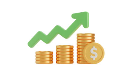 Stunning financial growth visualized with stacked coins and upward trending arrow
