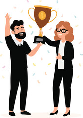 holding golden trophy with confetti, business success, teamwork, achievement, reward, celebration moment, vector illustration