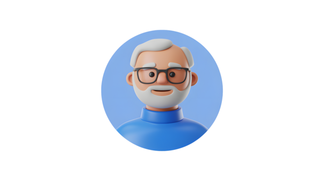 Friendly animated senior man with glasses and white hair smiling warmly