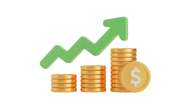 Stunning financial growth visualized with stacked coins and upward trending arrow