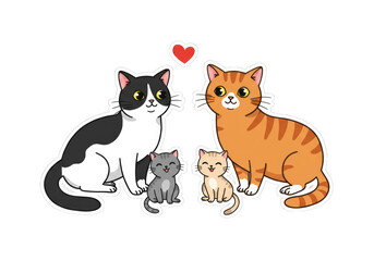 Obraz premium Cute cartoon cats with kittens and heart symbol