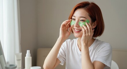 Beauty Ritual of a young woman: A youthful woman applying under-eye patches while preparing for the day and embodying a radiant skincare routine.