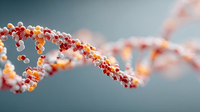 Macro Glowing Holographic DNA Helix Cinematic HDR Scene on Gray Background with Red Orange and White Tones Represents Biology and Technology